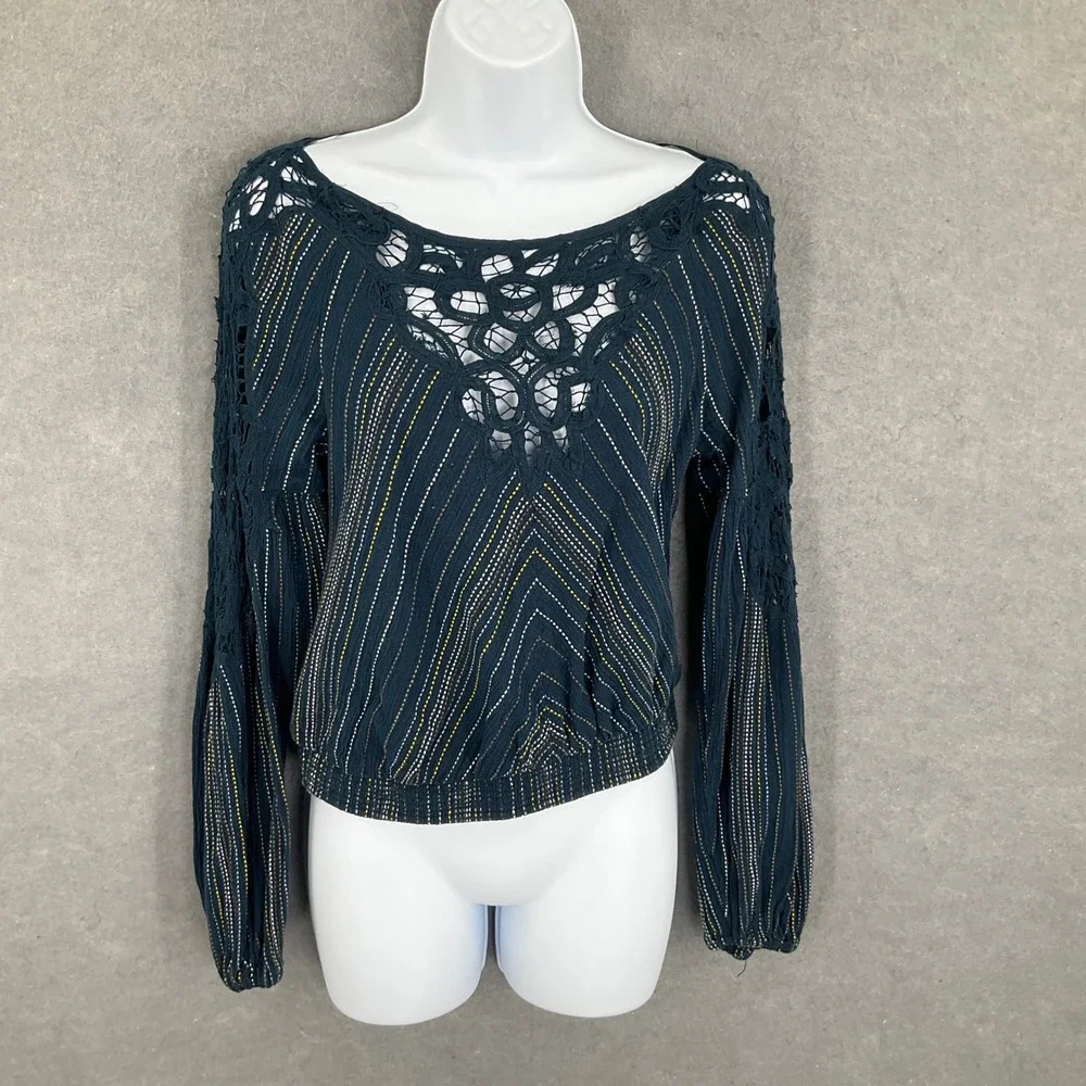 Free People Crochet Trim Striped Balloon Long Sleeve Embroidered Top‎ Boho XS